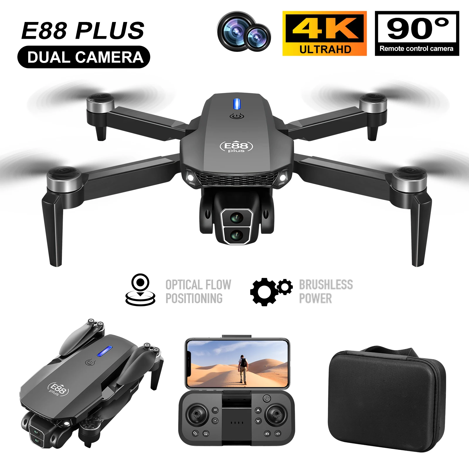 Drone Gimbal Brushless - 新型E88 Plusクアッドコプタードローン：90 ° 電動調整カメラ、ブラシレスモーター、オプティカルフローポジショニングおもちゃ